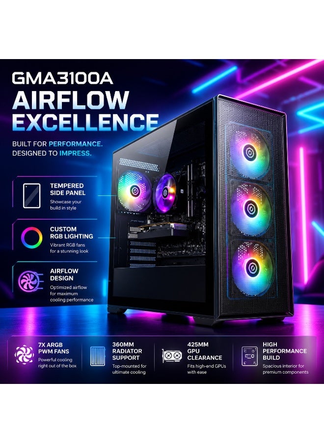 كمبيوتر ألعاب RGB موديل GMA3100A بمعالج Ryzen 5 5500 وكارت RX 6400 4GB ورام 16GB وSSD 500GB مع 7 مراوح ARGB وزجاج مقوى وكيبورد وماوس هدية - Image 3