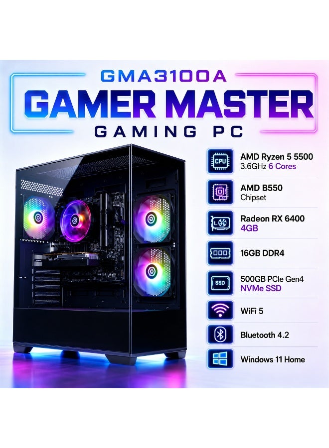 كمبيوتر ألعاب RGB موديل GMA3100A بمعالج Ryzen 5 5500 وكارت RX 6400 4GB ورام 16GB وSSD 500GB مع 7 مراوح ARGB وزجاج مقوى وكيبورد وماوس هدية - Image 2