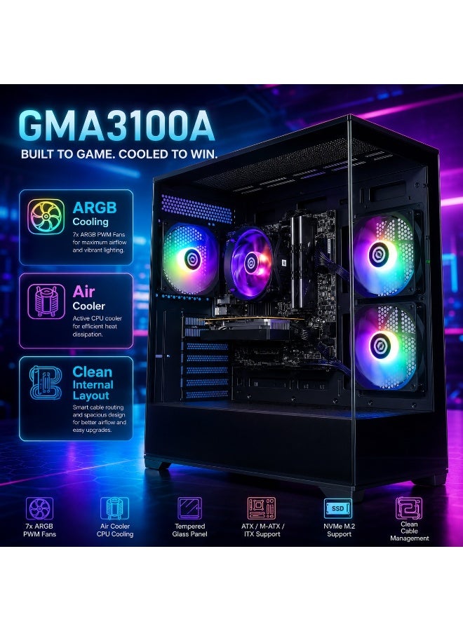 كمبيوتر ألعاب RGB موديل GMA3100A بمعالج Ryzen 5 5500 وكارت RX 6400 4GB ورام 16GB وSSD 500GB مع 7 مراوح ARGB وزجاج مقوى وكيبورد وماوس هدية - Image 1
