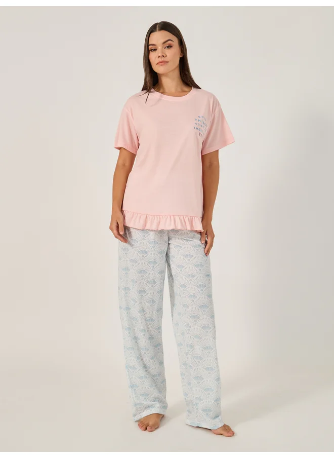 ستايلي Styli Unwind Printed Pajama Set with Round Neck T-Shirt