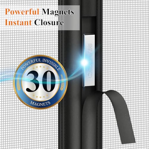 MAGZO Magnetic Screen Door, Fits Door Size 32'' x 80''(Mesh Size 34'' x 81''), Left Right Offset Opening, Scratch-Proof Polyester, Pet Friendly, Keep Annoying Creatures Out, Keep Open Straps, Grey - Image 4