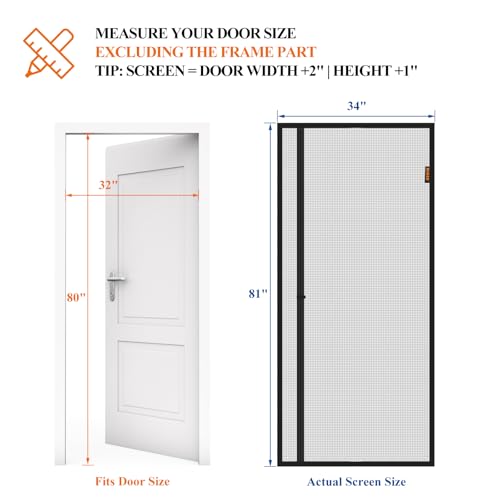 MAGZO Magnetic Screen Door, Fits Door Size 32'' x 80''(Mesh Size 34'' x 81''), Left Right Offset Opening, Scratch-Proof Polyester, Pet Friendly, Keep Annoying Creatures Out, Keep Open Straps, Grey - Image 2