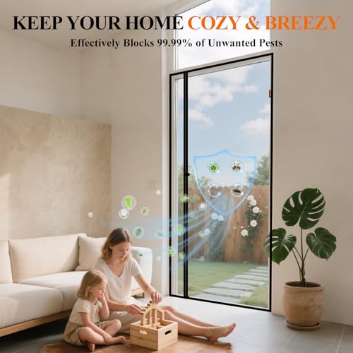 MAGZO Magnetic Screen Door, Fits Door Size 32'' x 80''(Mesh Size 34'' x 81''), Left Right Offset Opening, Scratch-Proof Polyester, Pet Friendly, Keep Annoying Creatures Out, Keep Open Straps, Grey - Image 3