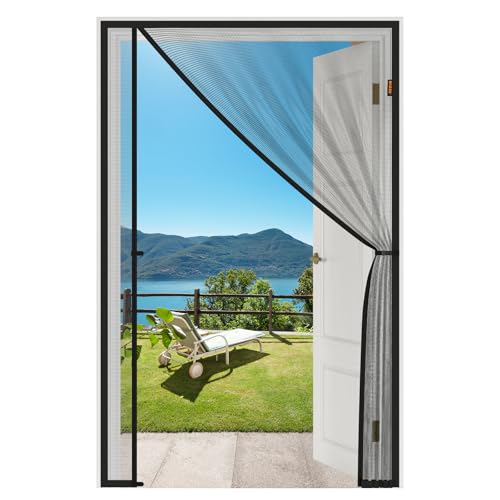 MAGZO Magnetic Screen Door, Fits Door Size 32'' x 80''(Mesh Size 34'' x 81''), Left Right Offset Opening, Scratch-Proof Polyester, Pet Friendly, Keep Annoying Creatures Out, Keep Open Straps, Grey - Image 1