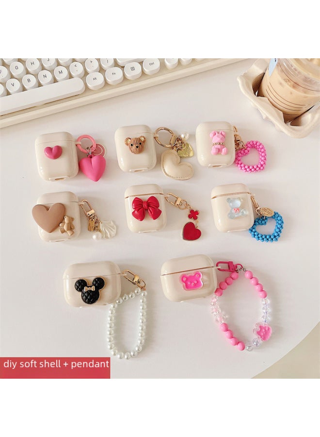 For AirPods 4 Headphone Set Cartoon Diy Doll Pendant Apple 1/2 Generation/pro2 Bluetooth Soft Case Bracelet-Color:Pink Soft Shell + Pendant-pink Kitten-Model:AirPods 1/2 Generation (protective Cover)