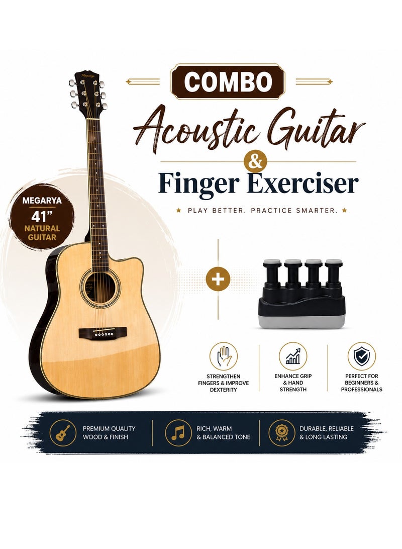 41" Acoustic Guitar + Finger Exerciser Combo | Beginner Guitar Starter Set | Full Size Cutaway Guitar with Hand Grip Strength Trainer | Natural Wood Steel String Guitar for Adults & Teens