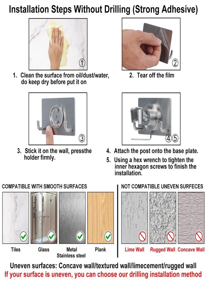 YUHX Shower Head Holder All Metal Strong Adhesive and Drilling Screws Two Installation Methods, Adjustable Handheld Shower Head Mount,Stainless Steel Hand held Showerhead Wand bracket - Image 5