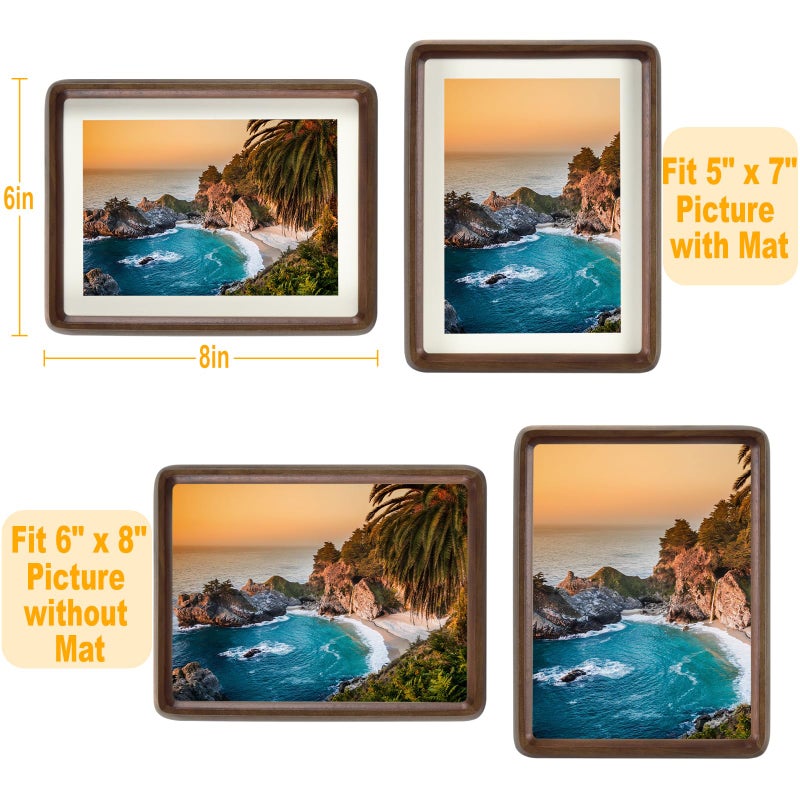 HELPLEX 6x8 Picture Frame Set of 2  Display Picture 5x7 with Mat or 6x8 Without Mat  Made of Natural Walnut Wood  HD Tempered Glass  Vertical or Horizontal Display for Tabletop and Wall - Image 2