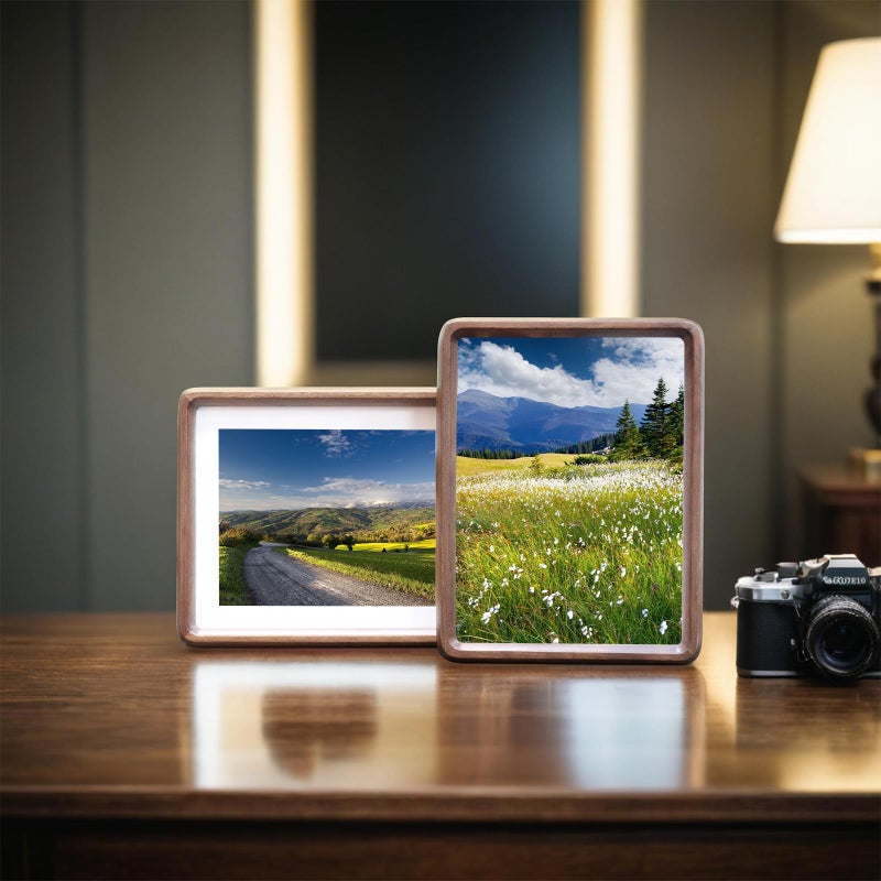 HELPLEX 6x8 Picture Frame Set of 2  Display Picture 5x7 with Mat or 6x8 Without Mat  Made of Natural Walnut Wood  HD Tempered Glass  Vertical or Horizontal Display for Tabletop and Wall - Image 5