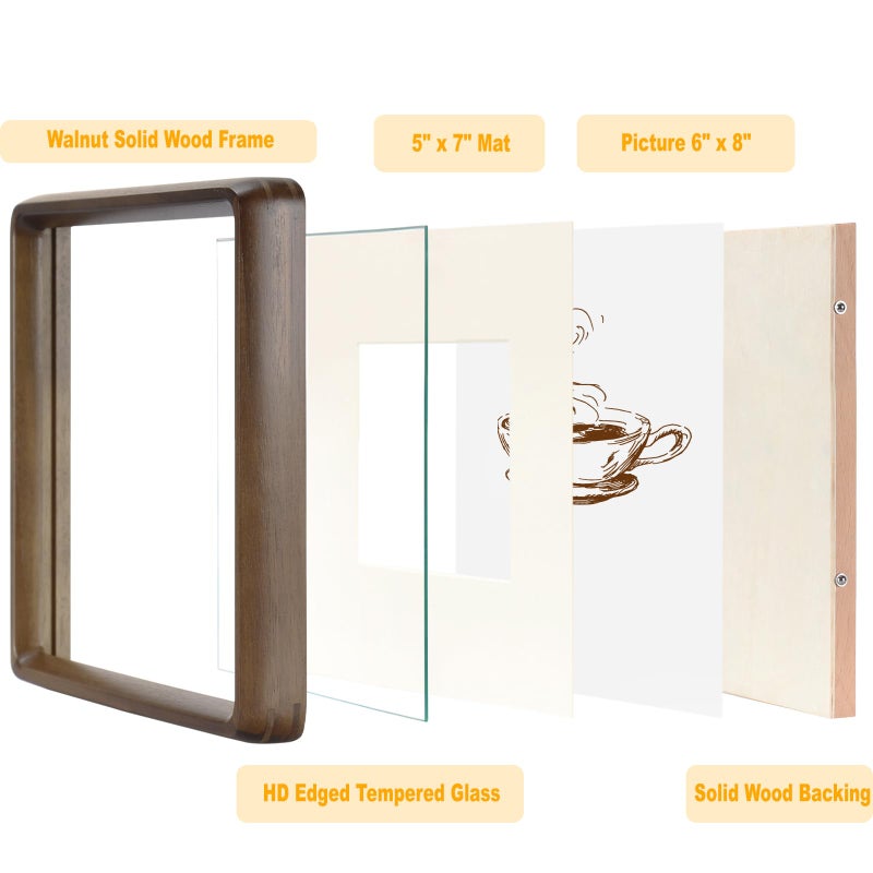 HELPLEX 6x8 Picture Frame Set of 2  Display Picture 5x7 with Mat or 6x8 Without Mat  Made of Natural Walnut Wood  HD Tempered Glass  Vertical or Horizontal Display for Tabletop and Wall - Image 3