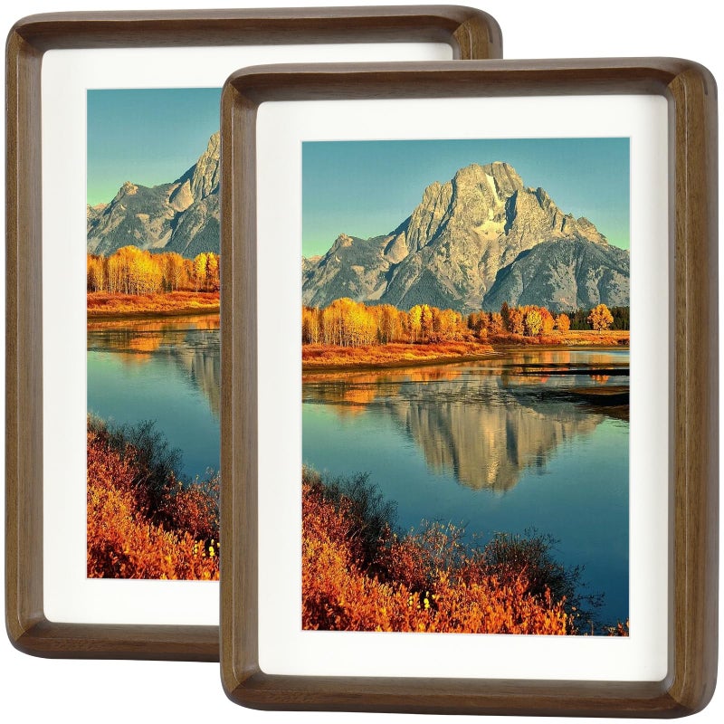 HELPLEX 6x8 Picture Frame Set of 2  Display Picture 5x7 with Mat or 6x8 Without Mat  Made of Natural Walnut Wood  HD Tempered Glass  Vertical or Horizontal Display for Tabletop and Wall - Image 1