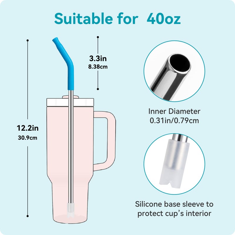 Soledea 6 Pcs Metal Reusable Straws for 40 oz Tumbler, Stainless Steel Long Drinking Straw with Colourful Silicone Tips,Straw for Glass Cups, Cleaning Brushes Included, BPA FREE - Image 4
