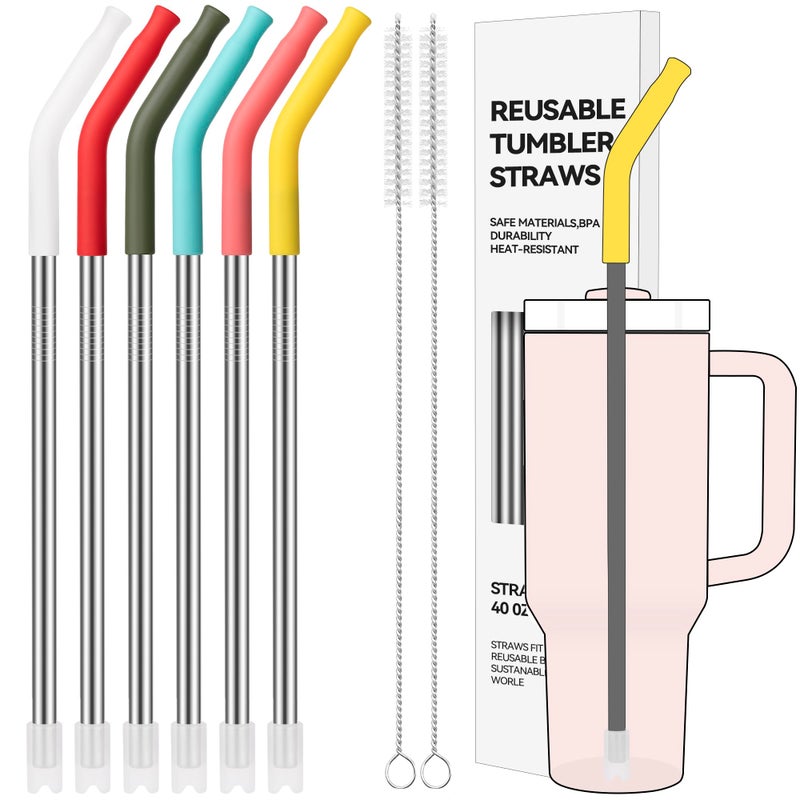Soledea 6 Pcs Metal Reusable Straws for 40 oz Tumbler, Stainless Steel Long Drinking Straw with Colourful Silicone Tips,Straw for Glass Cups, Cleaning Brushes Included, BPA FREE - Image 1