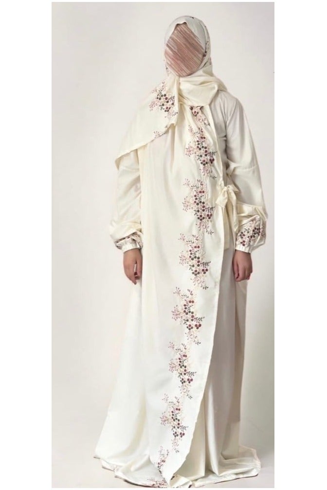 LoveHome Ultra soft and comfortable prayer sheet embroidered with small floral designs, one piece, includes a veil, and covers the entire body in a one-size-fits-all, wide-fitting size - off white - Image 1