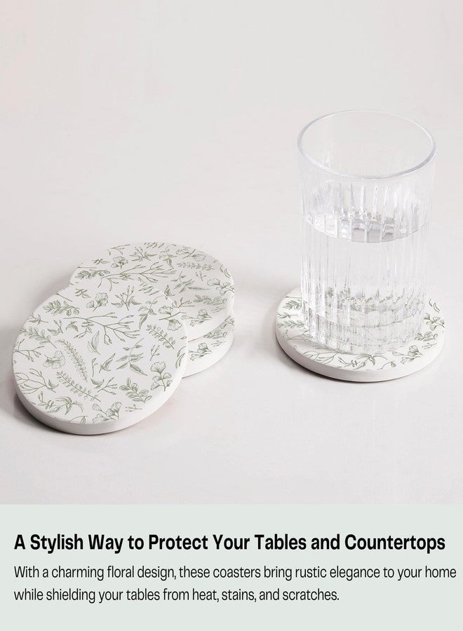 Hoomey Set of 6 Floral Sage and White Coasters with Holder, Absorbent Ceramic Drink Coasters with Cork Backing for Table Protection, Coffee Table Décor - Image 3