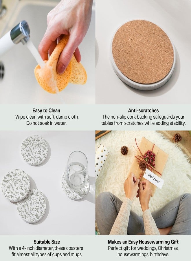 Hoomey Set of 6 Floral Sage and White Coasters with Holder, Absorbent Ceramic Drink Coasters with Cork Backing for Table Protection, Coffee Table Décor - Image 5