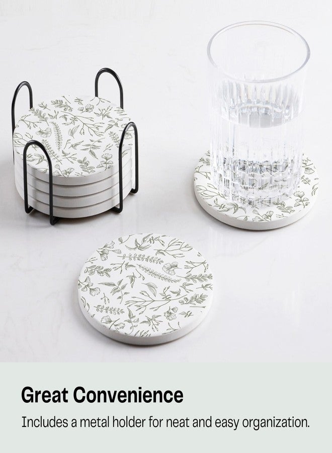 Hoomey Set of 6 Floral Sage and White Coasters with Holder, Absorbent Ceramic Drink Coasters with Cork Backing for Table Protection, Coffee Table Décor - Image 2