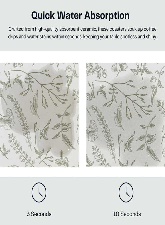 Hoomey Set of 6 Floral Sage and White Coasters with Holder, Absorbent Ceramic Drink Coasters with Cork Backing for Table Protection, Coffee Table Décor - Image 4