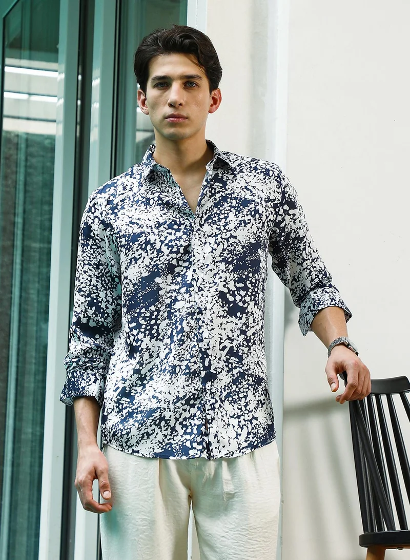 Campus Sutra Men's Navy Blue and White Abstract Pattern Rayon Shirt