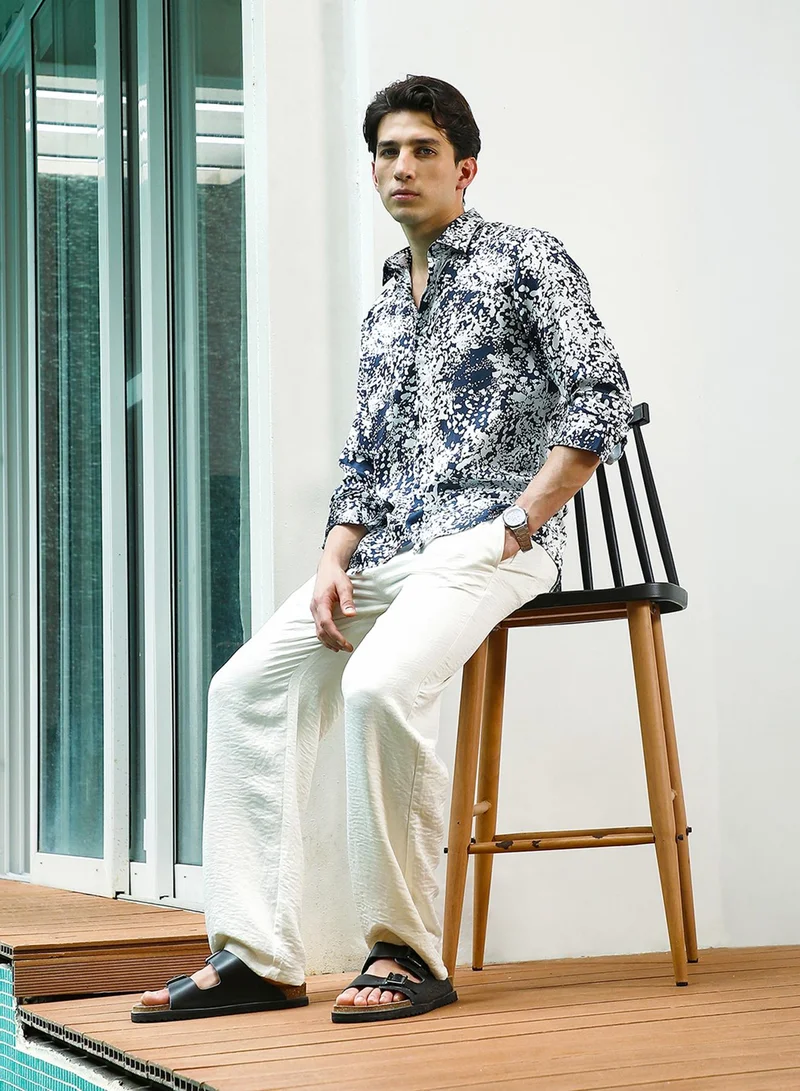 Campus Sutra Men's Navy Blue and White Abstract Pattern Rayon Shirt