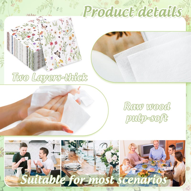 Whaline مناديل ورقية مزهرة من وايلين 100 قطعة مع ألوان مائية وزهور برية وفراشات، مناديل غداء قابلة للاستخدام لمرة واحدة، مناديل حلوى وعشاء، مناديل يد لحفلات الزفاف الربيعية والاستحمام العرائسي - Image 3