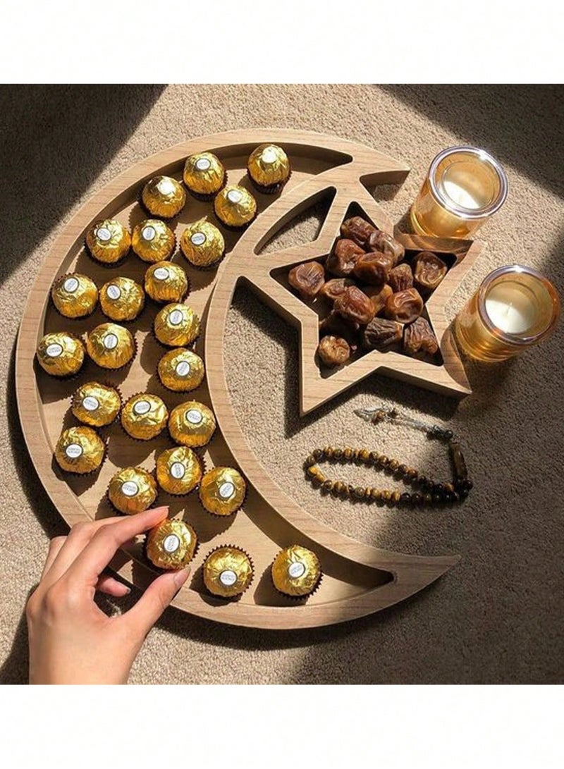 Wooden Ramadan Dessert Tray – Crescent Moon and Star Design Serving Platter for Dates, Sweets, and Food Display – Ideal for Iftar, Eid Parties, Weddings, and Islamic Home Decor - Image 2