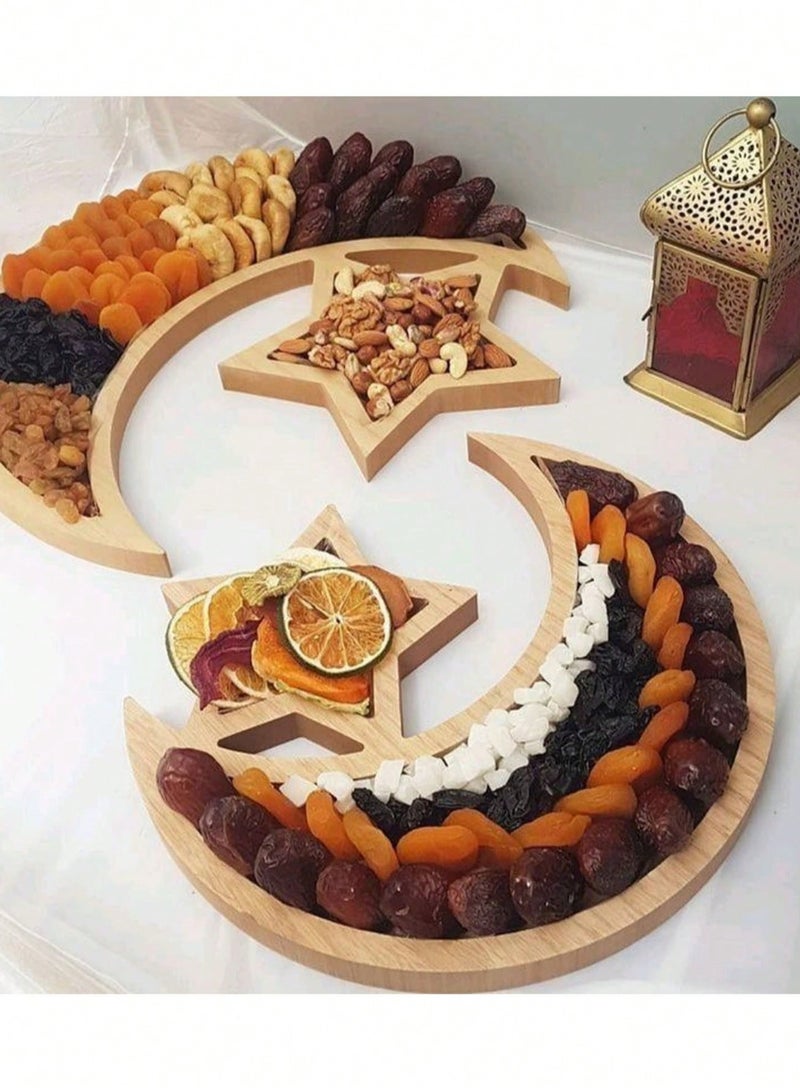 Wooden Ramadan Dessert Tray – Crescent Moon and Star Design Serving Platter for Dates, Sweets, and Food Display – Ideal for Iftar, Eid Parties, Weddings, and Islamic Home Decor - Image 1