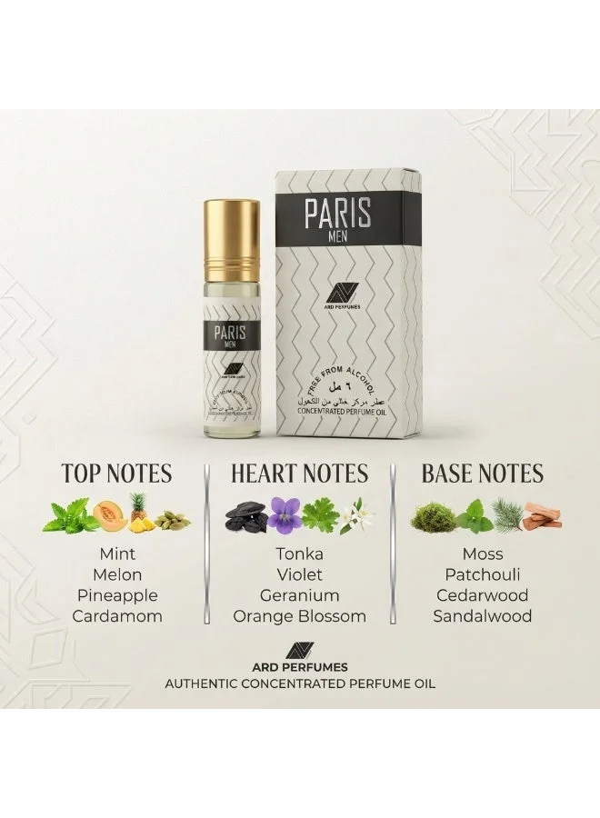 ارض العطور ارض العطور باريس زيت عطر مركز رول أون للرجال عبوة 6 قطع × 6 مل – خالٍ من الكحول، عطر رجالي منعش وخشبي
