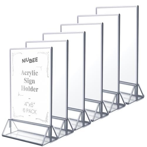 NIUBEE 6Pack 4x6 Clear Acrylic Sign Holder with Sliver Borders and Vertical Stand, Double Sided Table Menu Holders Picture Frames for Wedding Table Numbers, Restaurant Signs, Photos and Art Display - Image 1