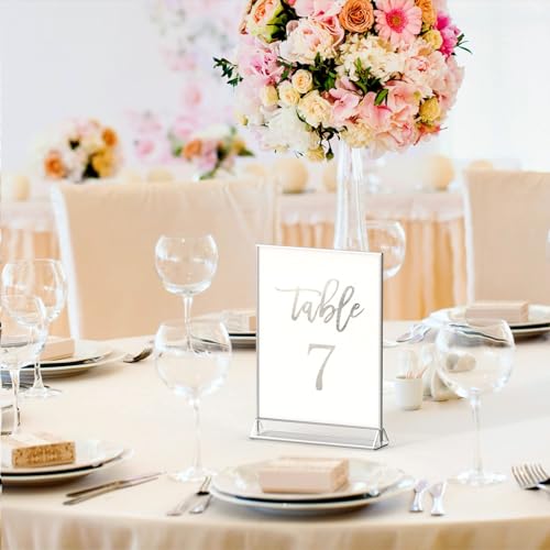 NIUBEE 6Pack 4x6 Clear Acrylic Sign Holder with Sliver Borders and Vertical Stand, Double Sided Table Menu Holders Picture Frames for Wedding Table Numbers, Restaurant Signs, Photos and Art Display - Image 3