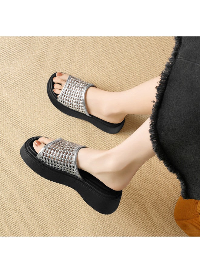 ZHR Trendy Metallic Style】breathable Lightweight Beach Sandals Summer Hollow Knit Platform Sandals For Women Outdoor Shoes - Image 2
