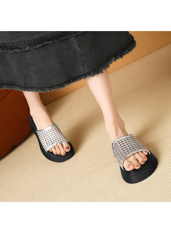 ZHR Trendy Metallic Style】breathable Lightweight Beach Sandals Summer Hollow Knit Platform Sandals For Women Outdoor Shoes - Image 4