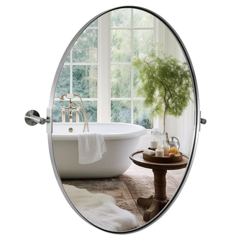 ANDY STAR Brushed Nickel Bathroom Mirror 22 x 34 Inch Oval Pivot Mirror for Wall Unique Farmhouse Tilt Mirror in Slim Silver Stainless Steel Metal Frame for Bedroom Powder Room