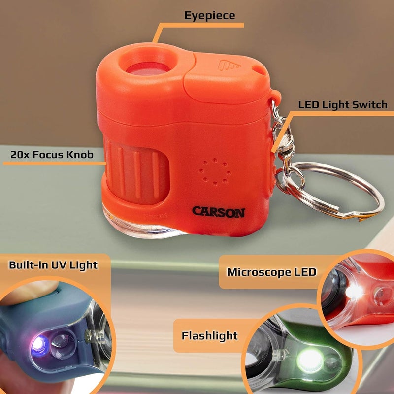 Carson MicroMini 20x Lighted Compact Pocket Microscope, UV and LED Flashlight, Orange (MM-280O) - Image 2