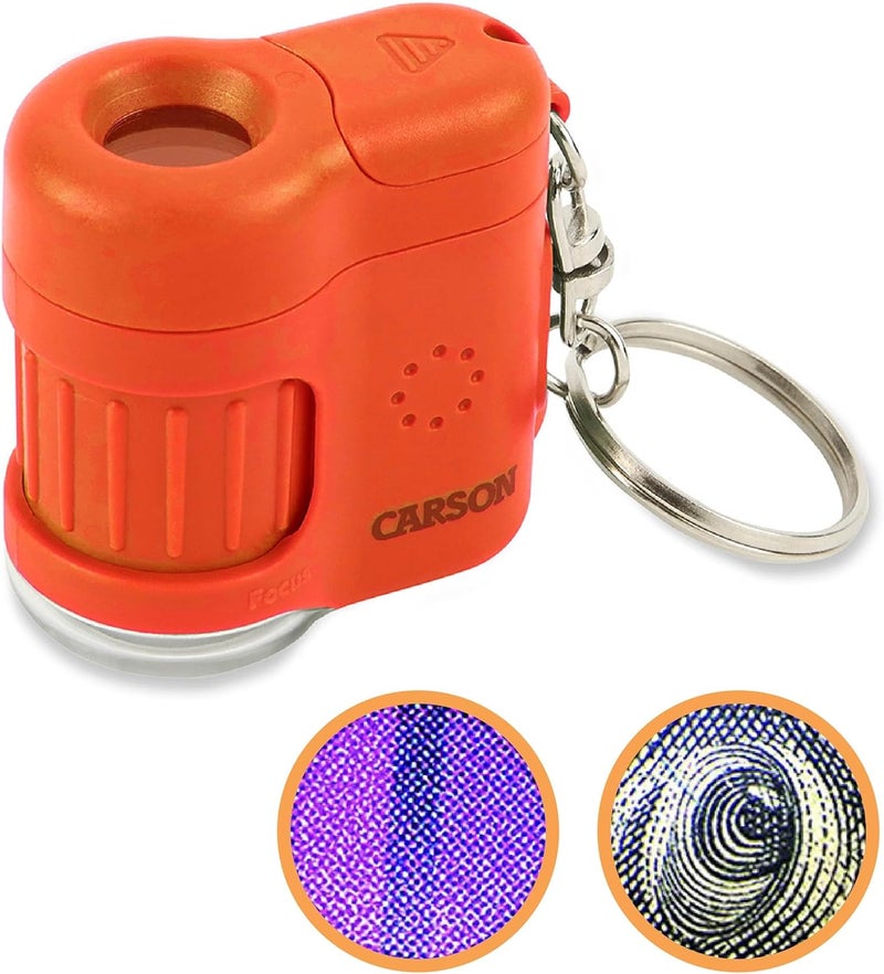 Carson MicroMini 20x Lighted Compact Pocket Microscope, UV and LED Flashlight, Orange (MM-280O) - Image 1
