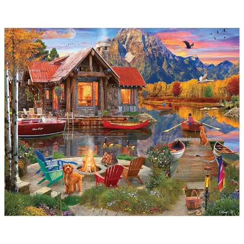 White Mountain 1000 Piece Jigsaw Puzzle Cabin Fall and Autumn Lake Scenic Puzzles Large Pieces Gift for Adults and Family 24"x30" - Family Retreat - Image 1