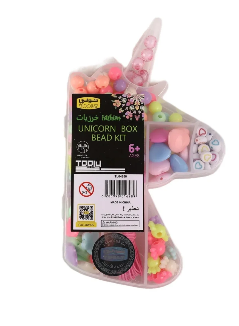 تولي مجموعة صنع الإكسسوارات للأطفال على شكل يونيكورن – خرز ملون متنوع، خرز الحروف وخيوط التشكيل داخل علبة على شكل يونيكورن – لصنع الأساور والقلائد يدويًا