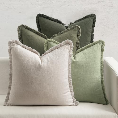 MIULEE Decorative Couch Pillow Covers Neutral Linen Fringe Throw Pillows Set of 4 Boho Farmhouse Accent Cushions for Bed Sofa Living Room Spring Home Decor 18x18 Inch BeigeSage Green - Image 1