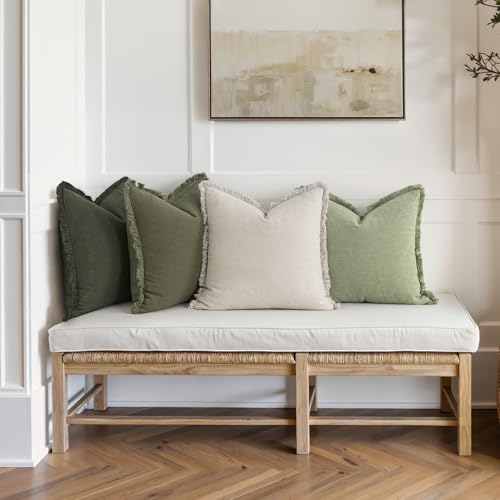 MIULEE Decorative Couch Pillow Covers Neutral Linen Fringe Throw Pillows Set of 4 Boho Farmhouse Accent Cushions for Bed Sofa Living Room Spring Home Decor 18x18 Inch BeigeSage Green - Image 3
