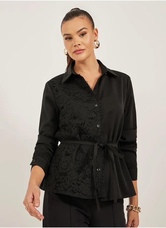 Styli Lace Panelled Regular Fit Shirt with Tie Detail