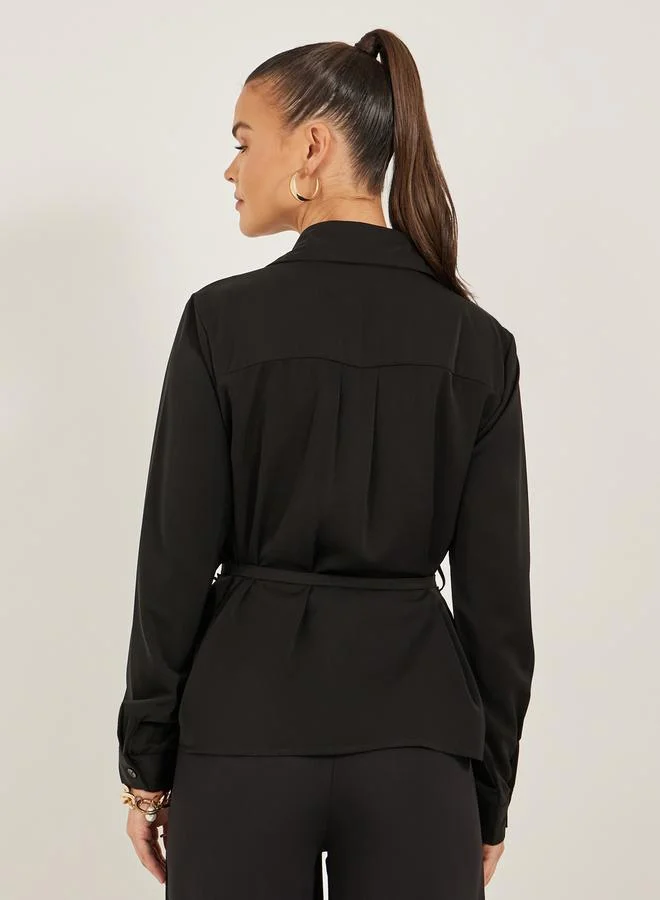 Styli Lace Panelled Regular Fit Shirt with Tie Detail