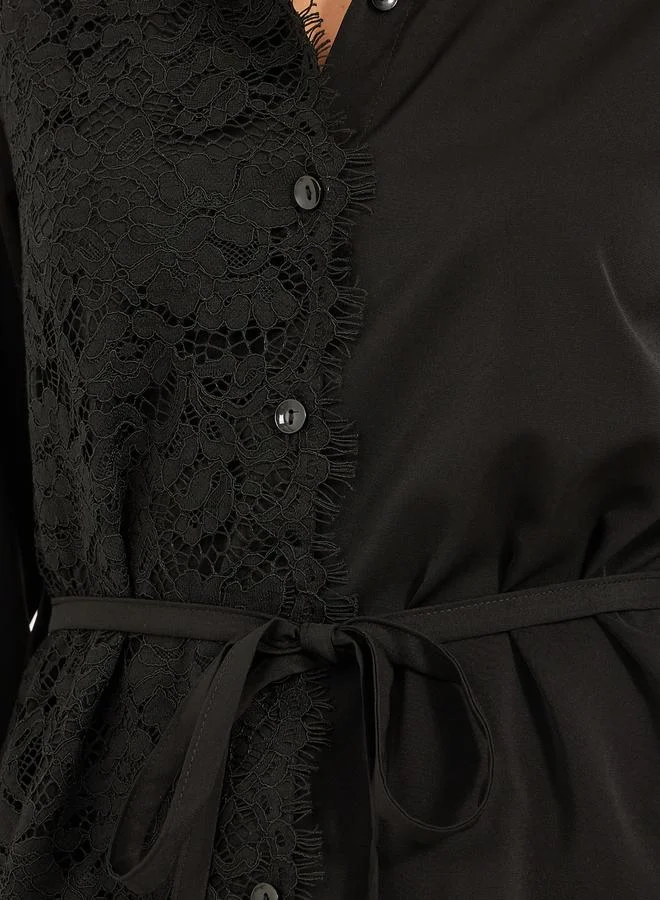 Styli Lace Panelled Regular Fit Shirt with Tie Detail