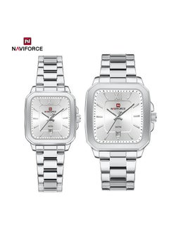 Elegant Silver Stainless Steel Couple Watch Set with Square Dial Date Display and Water Resistance