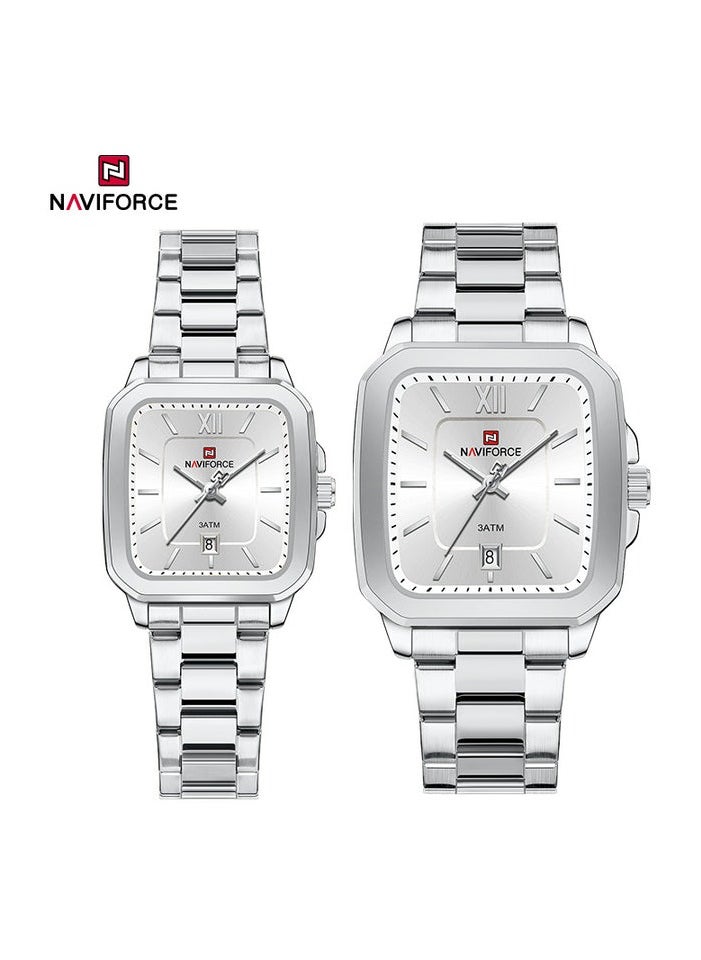 NAVIFORCE - Elegant Silver Stainless Steel Couple Watch Set with Square Dial Date Display and Water Resistance - Image 1