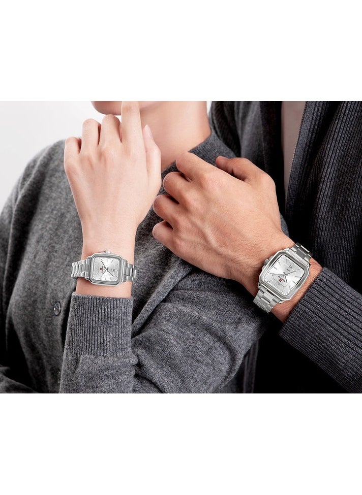 NAVIFORCE - Elegant Silver Stainless Steel Couple Watch Set with Square Dial Date Display and Water Resistance - Image 1