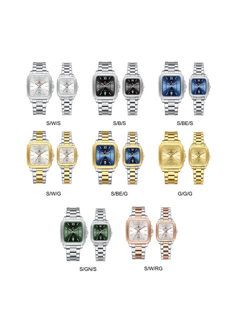 NAVIFORCE - Elegant Silver Stainless Steel Couple Watch Set with Square Dial Date Display and Water Resistance - Image 1