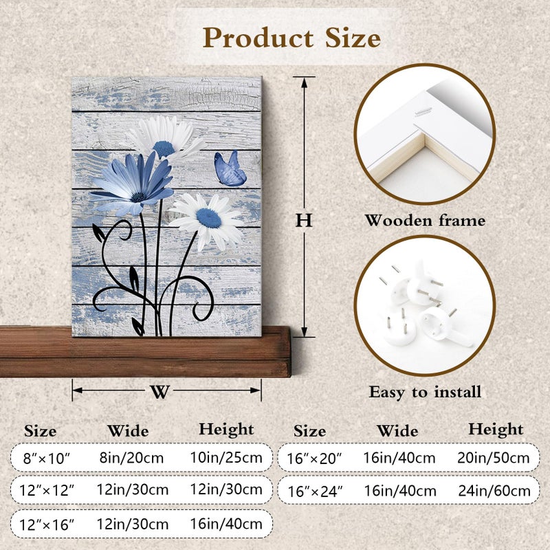 HVEST Farmhouse Floral Wall Art for Living Room, Blue and White Daisy Flower and Butterfly on Rustic Wood Board Canvas Wall Art Framed Artwork Ready to Hang for Bathroom Bedroom Decor, 16L X 12W - Image 5