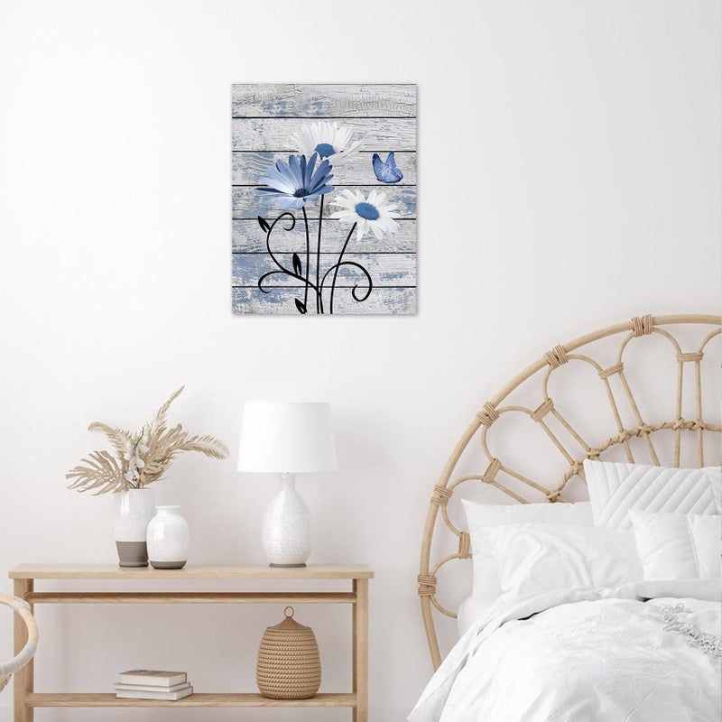 HVEST Farmhouse Floral Wall Art for Living Room, Blue and White Daisy Flower and Butterfly on Rustic Wood Board Canvas Wall Art Framed Artwork Ready to Hang for Bathroom Bedroom Decor, 16L X 12W - Image 2