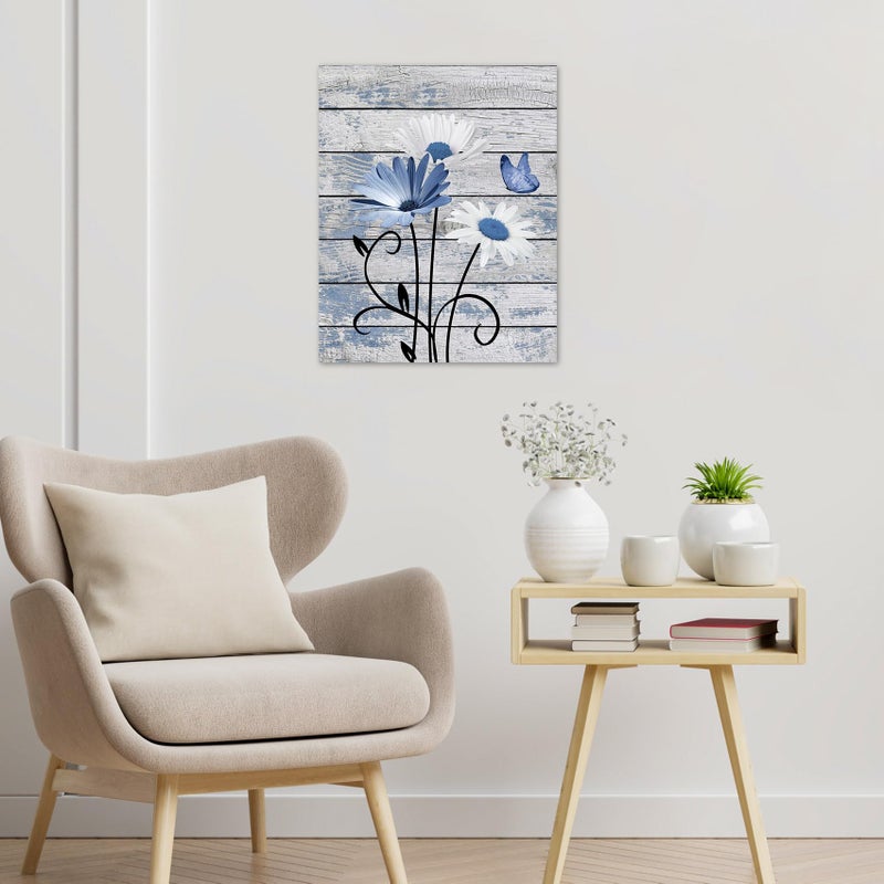HVEST Farmhouse Floral Wall Art for Living Room, Blue and White Daisy Flower and Butterfly on Rustic Wood Board Canvas Wall Art Framed Artwork Ready to Hang for Bathroom Bedroom Decor, 16L X 12W - Image 4