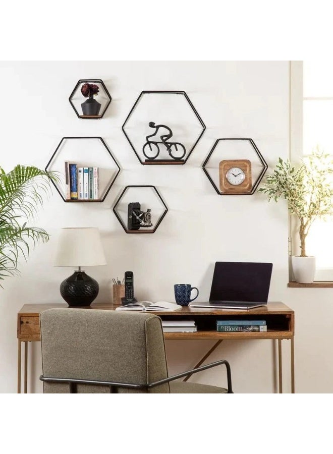 Home Gallery Set Of 5 Hexagon Wall Decor Shelf Brown55x10x55  - Image 1
